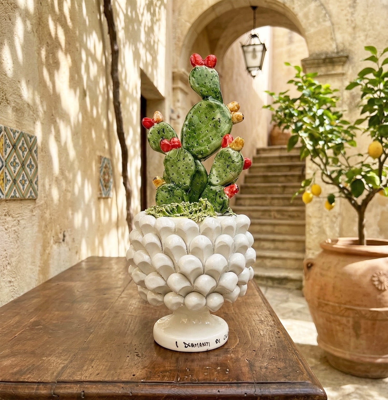 Vasetto mezza pigna con piantina ficodindia in ceramica di Caltagirone