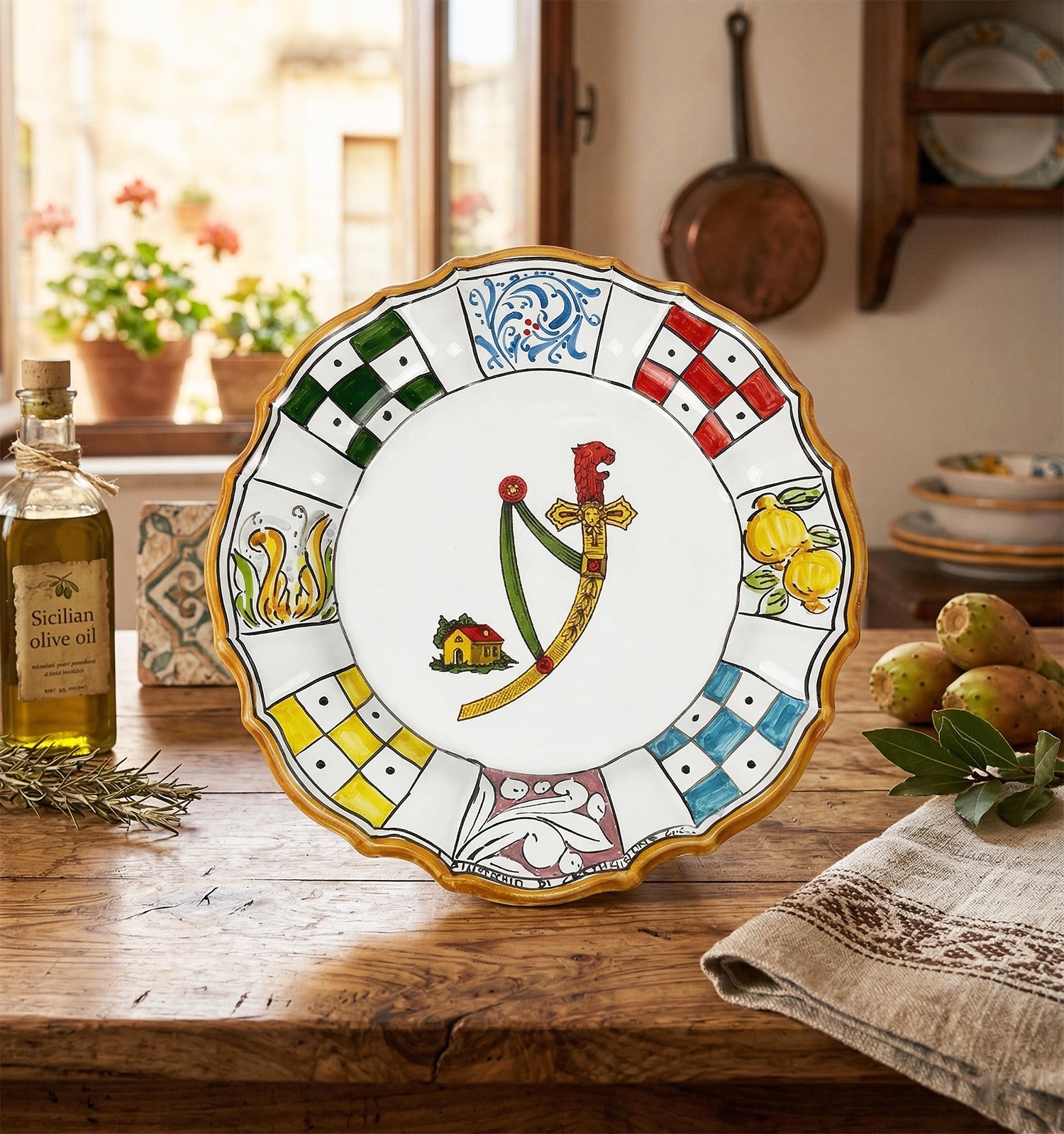 Piatto in Ceramica Decorato a Mano Carte Siciliane Multicolore Stile Tradizionale Siciliano Di Caltagirone Spade