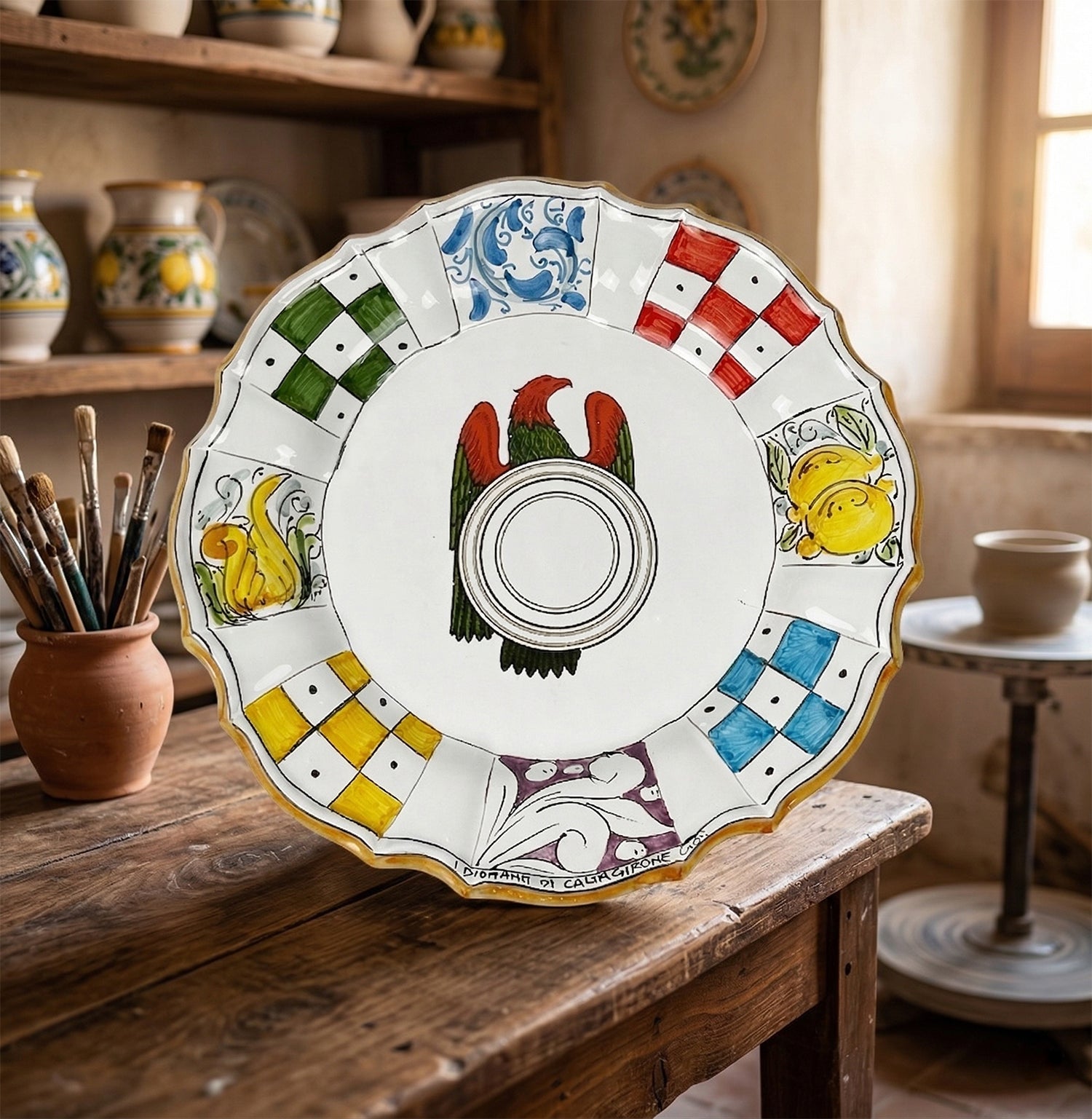 Piatto in Ceramica Decorato a Mano Carte Siciliane Multicolore Stile Tradizionale Siciliano Di Caltagirone Denari