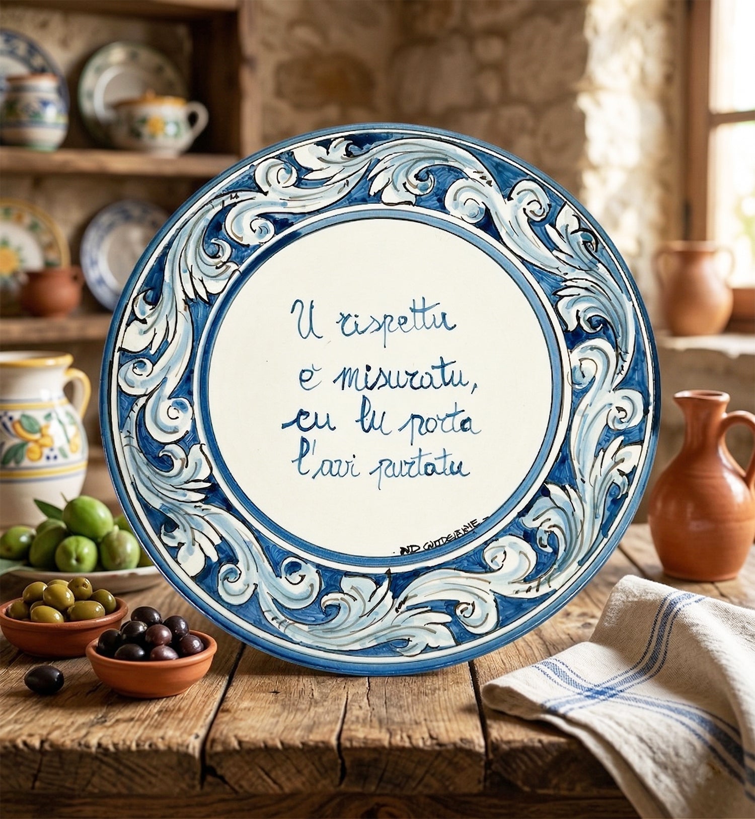 Piatto in ceramica Siciliana di Caltagirone con frase proverbio siciliano decorato a mano art. blu