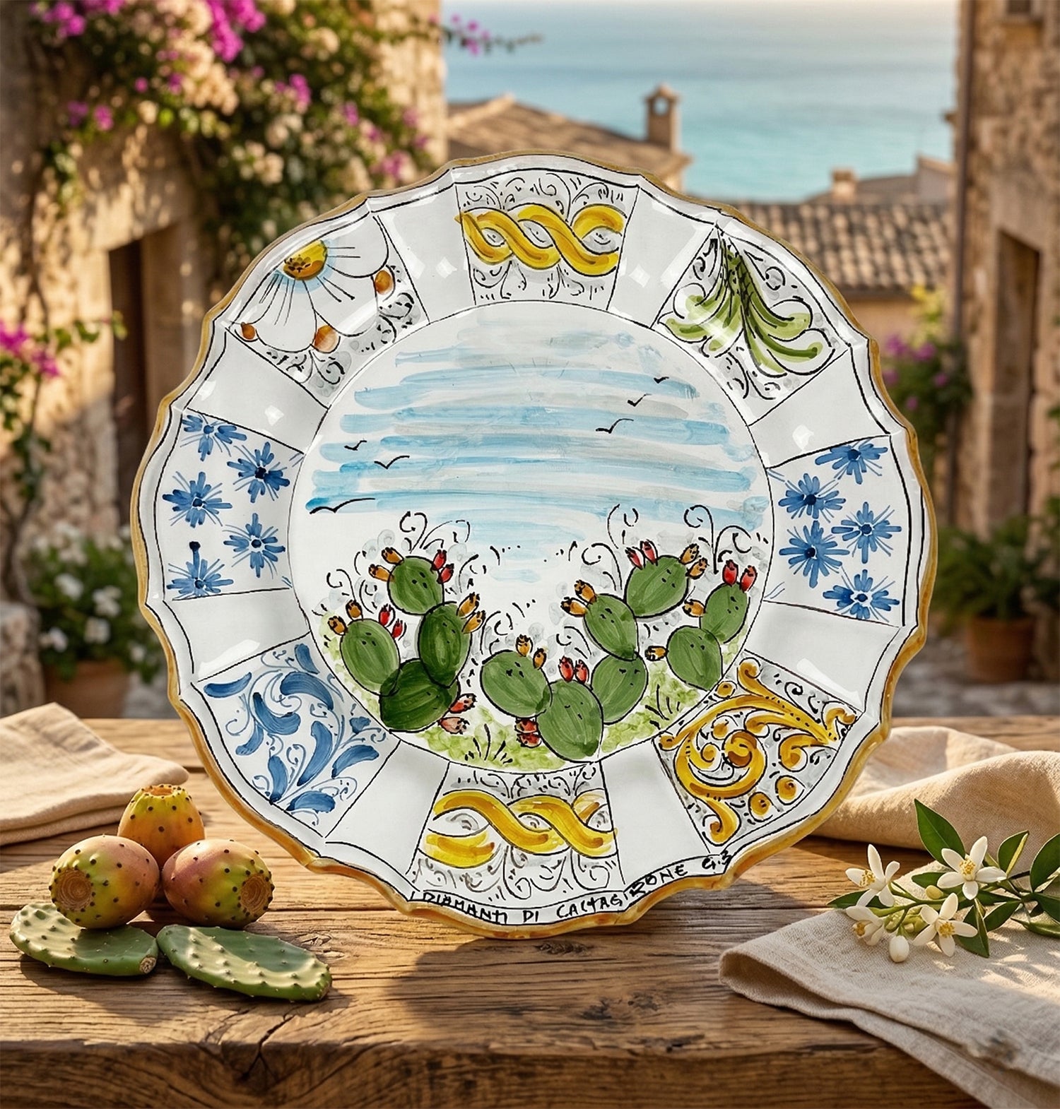 Piatto in Ceramica Decorato a Mano Ficodindia Multicolore Stile Tradizionale Siciliano Di Caltagirone