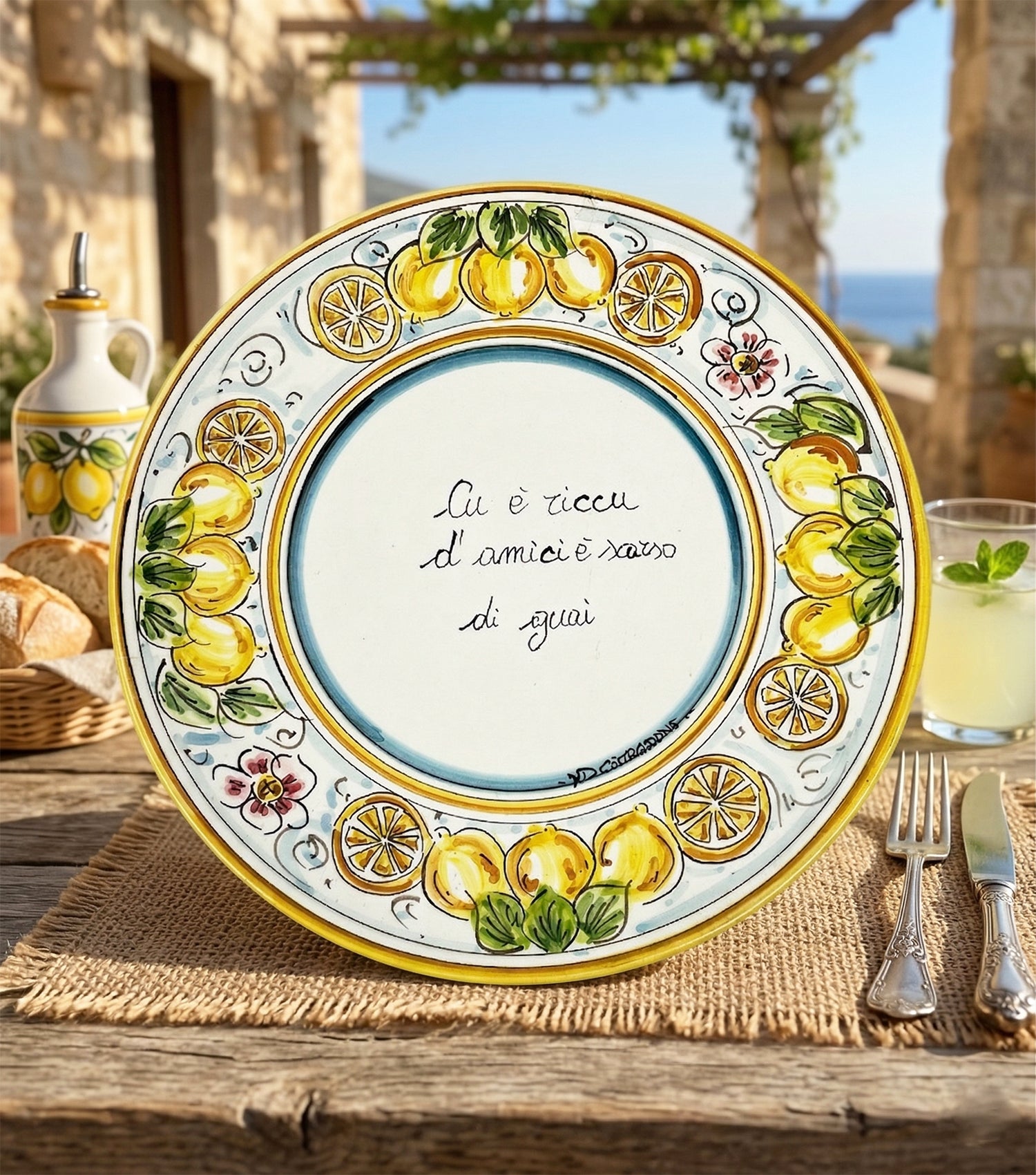 Piatto in ceramica Siciliana di Caltagirone con frase proverbio siciliano decorato a mano art. limoni