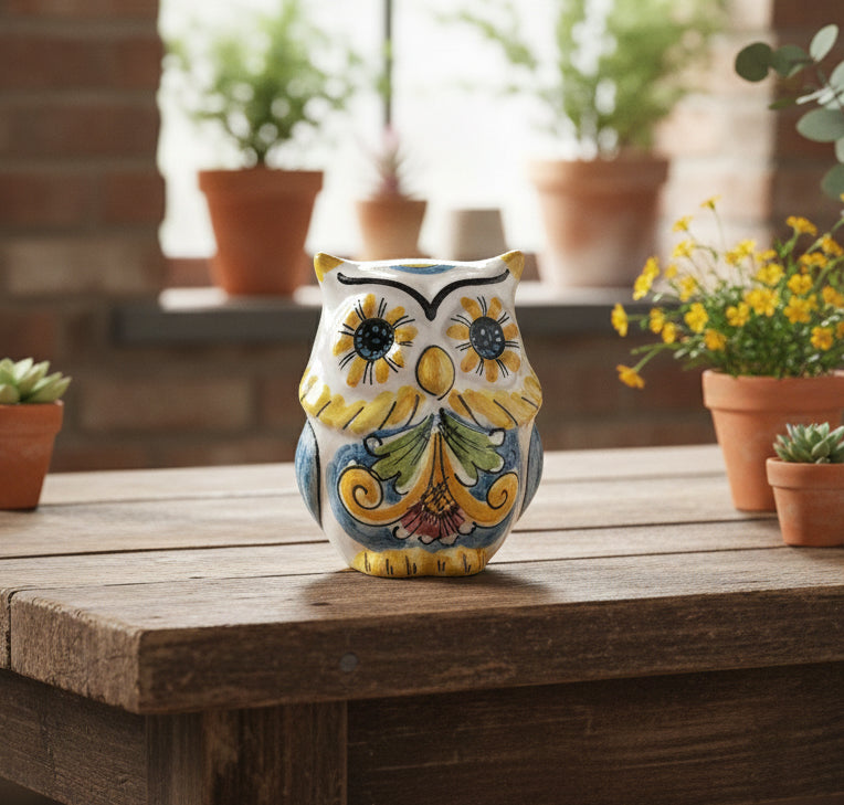 Sicilian ceramic owl from Caltagirone made and decorated by hand 