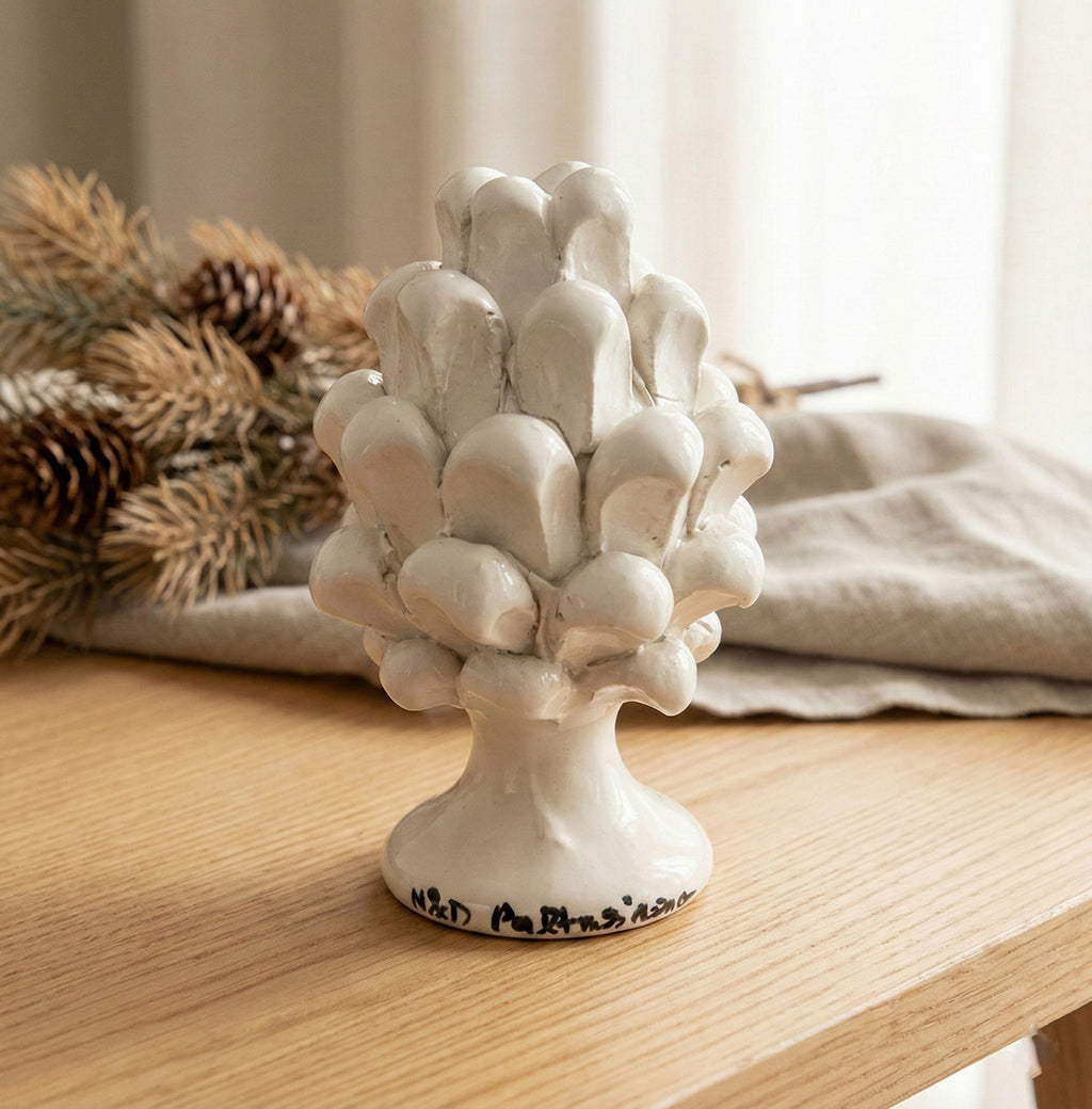 Sicilian ceramic pine cone from Caltagirone hand decorated white h10cm