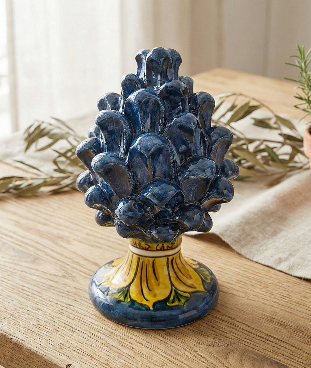 Sicilian ceramic pine cone from Caltagirone hand decorated blue h15cm