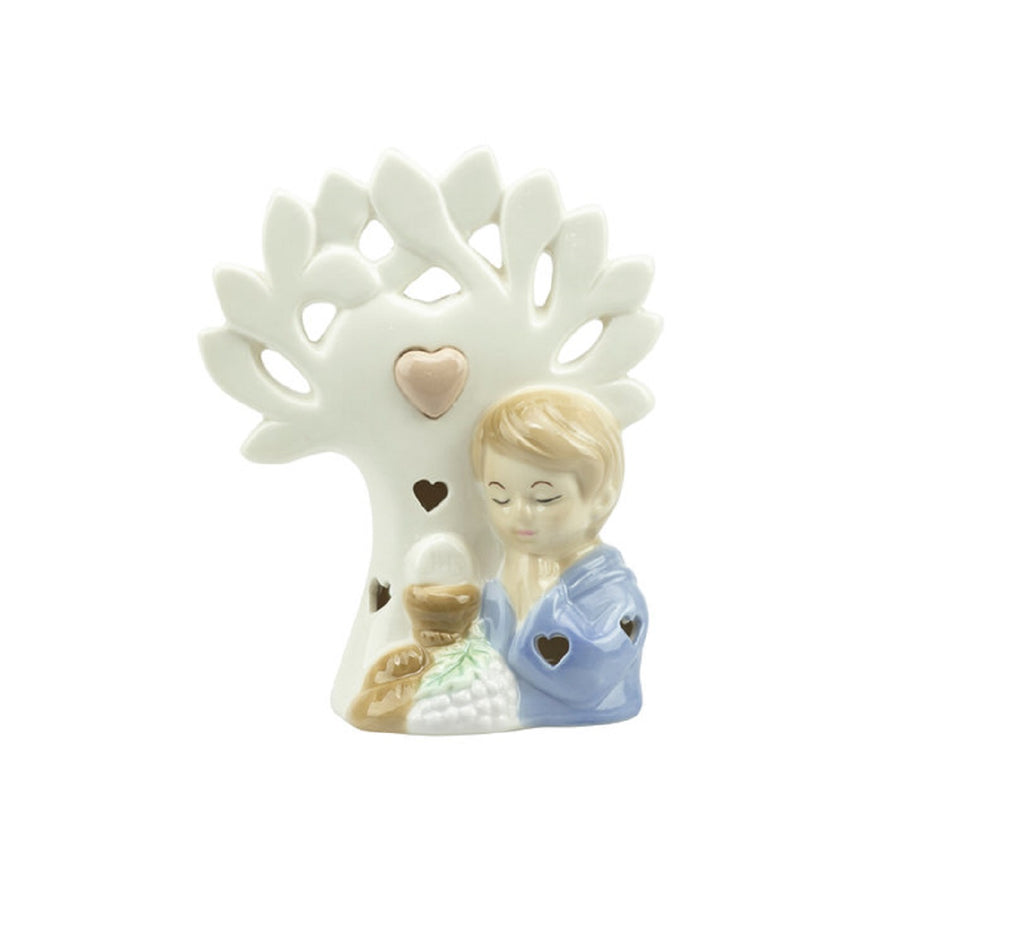 Bomboniera comunione bimbo albero della vita a led in porcellana bianco e celeste harmony PRCM24117