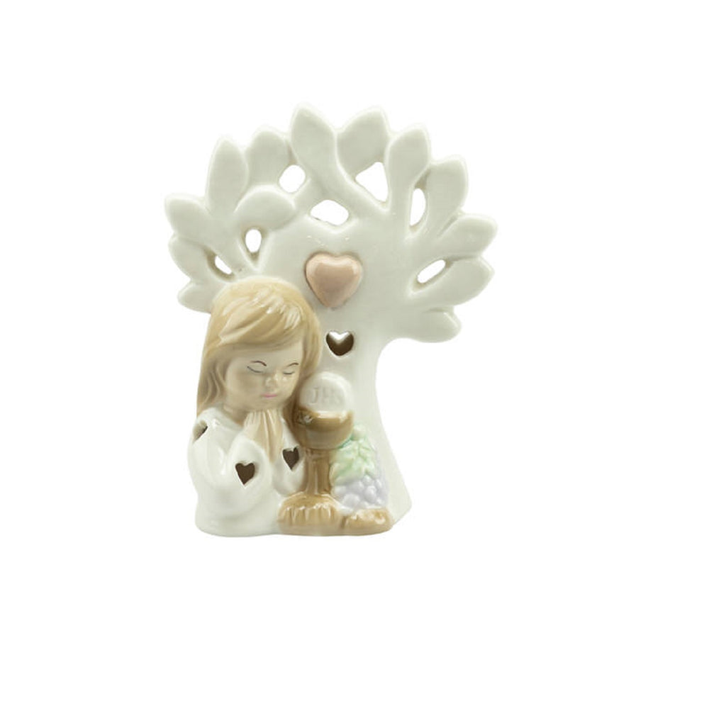 Bomboniera comunione bimba albero della vita a led in porcellana bianco e tortora harmony PRCM24118