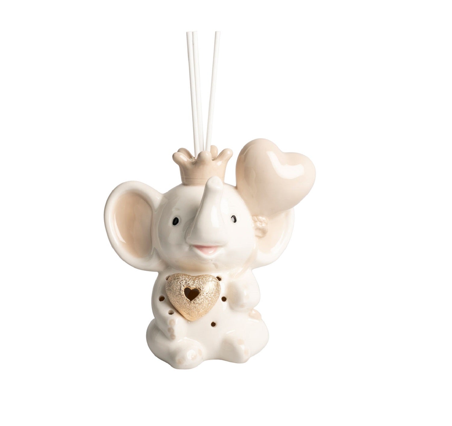 Profumatore elefante in porcellana tortora con led per nascita, battesimo, comunione, cresima bambino bambina Harmony PRCM25240