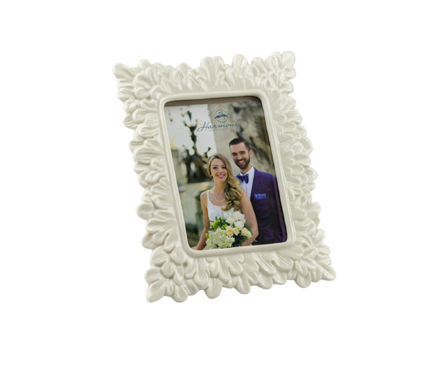 Bomboniera matrimonio portafoto elegante in porcellana decorato bianco harmony PRMT21364