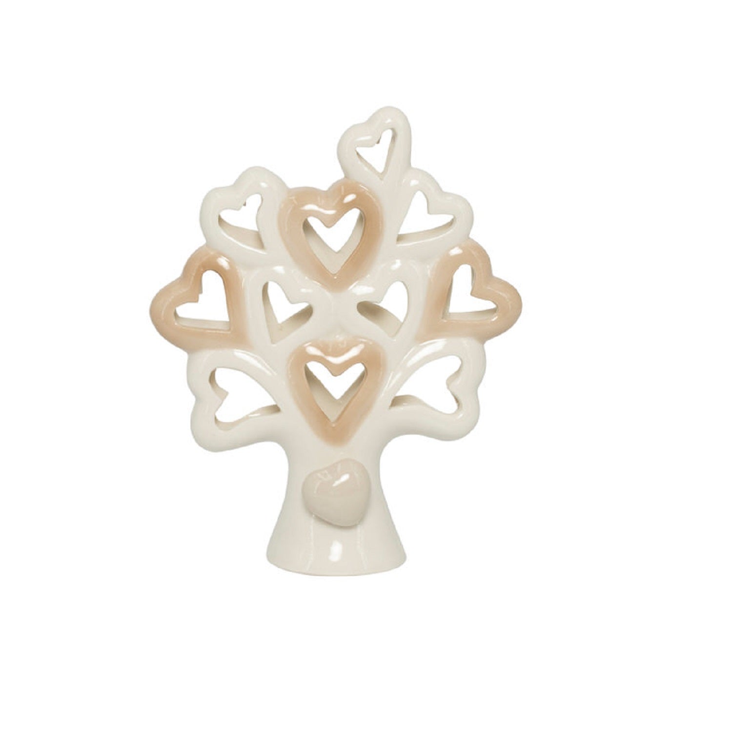 Bomboniera matrimonio con led albero della vita in porcellana decorato con cuori bianco e tortora harmony PRMT23004