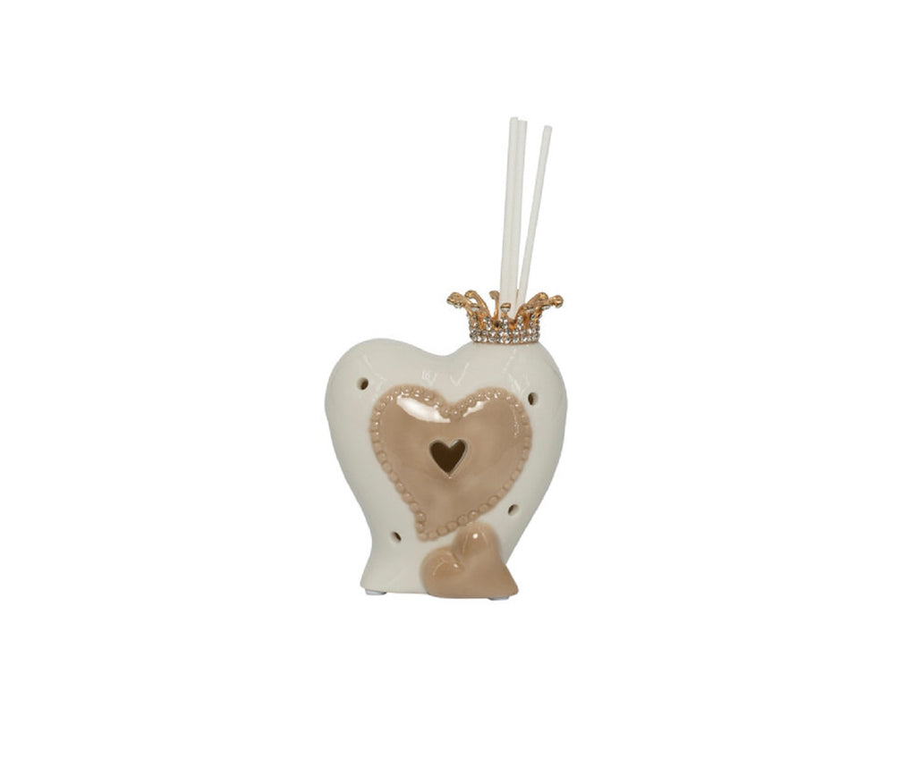 Bomboniera matrimonio profumatore con bastoncini e led cuore in porcellana bianco e tortora harmony PRMT23023