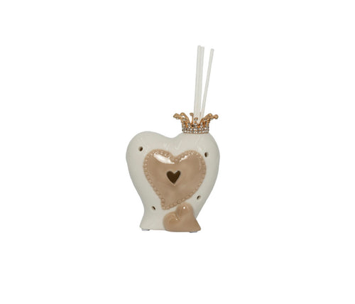 Bomboniera matrimonio profumatore con bastoncini e led cuore in porcellana bianco e tortora harmony PRMT23023