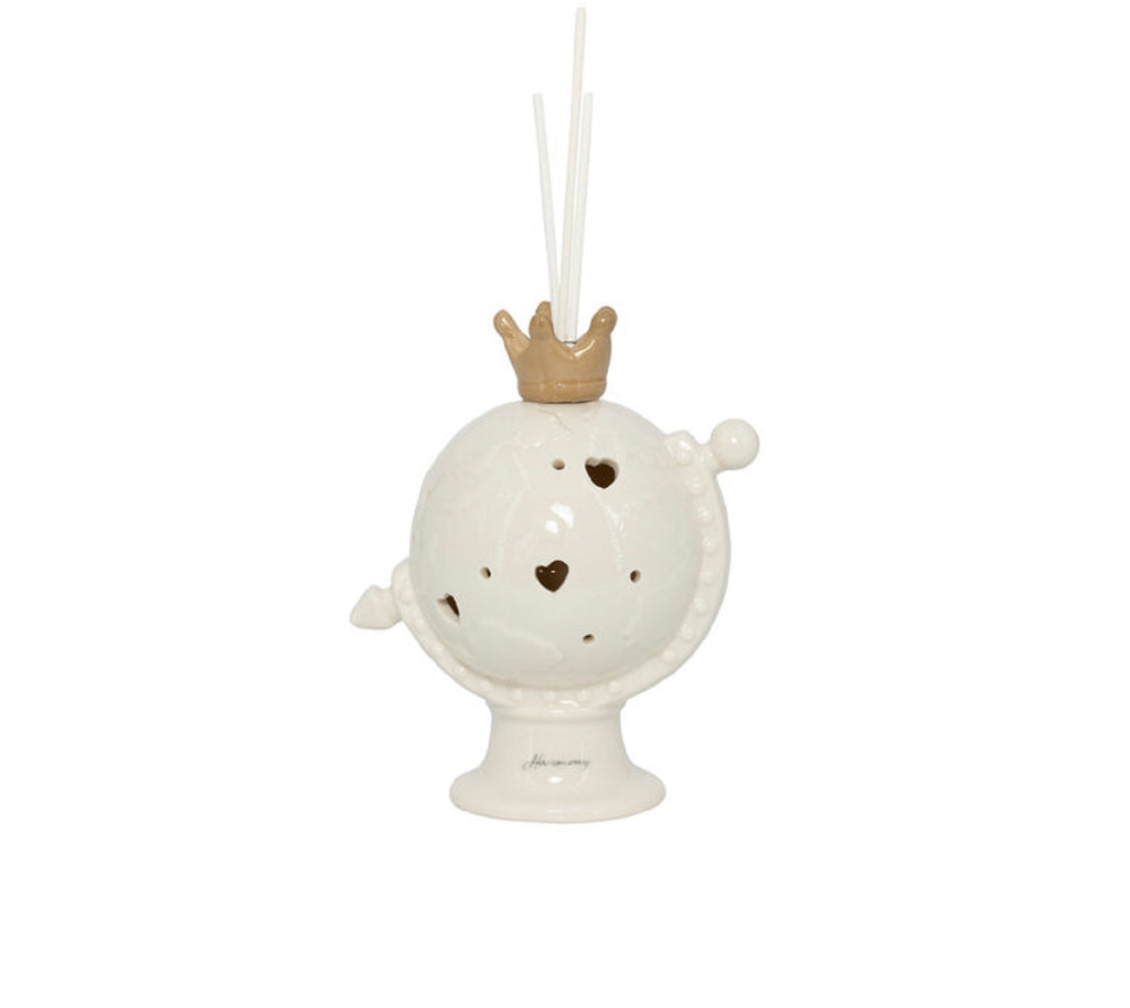 Bomboniera matrimonio profumatore con bastoncini e led mappamondo in porcellana bianco e tortora harmony PRMT23042