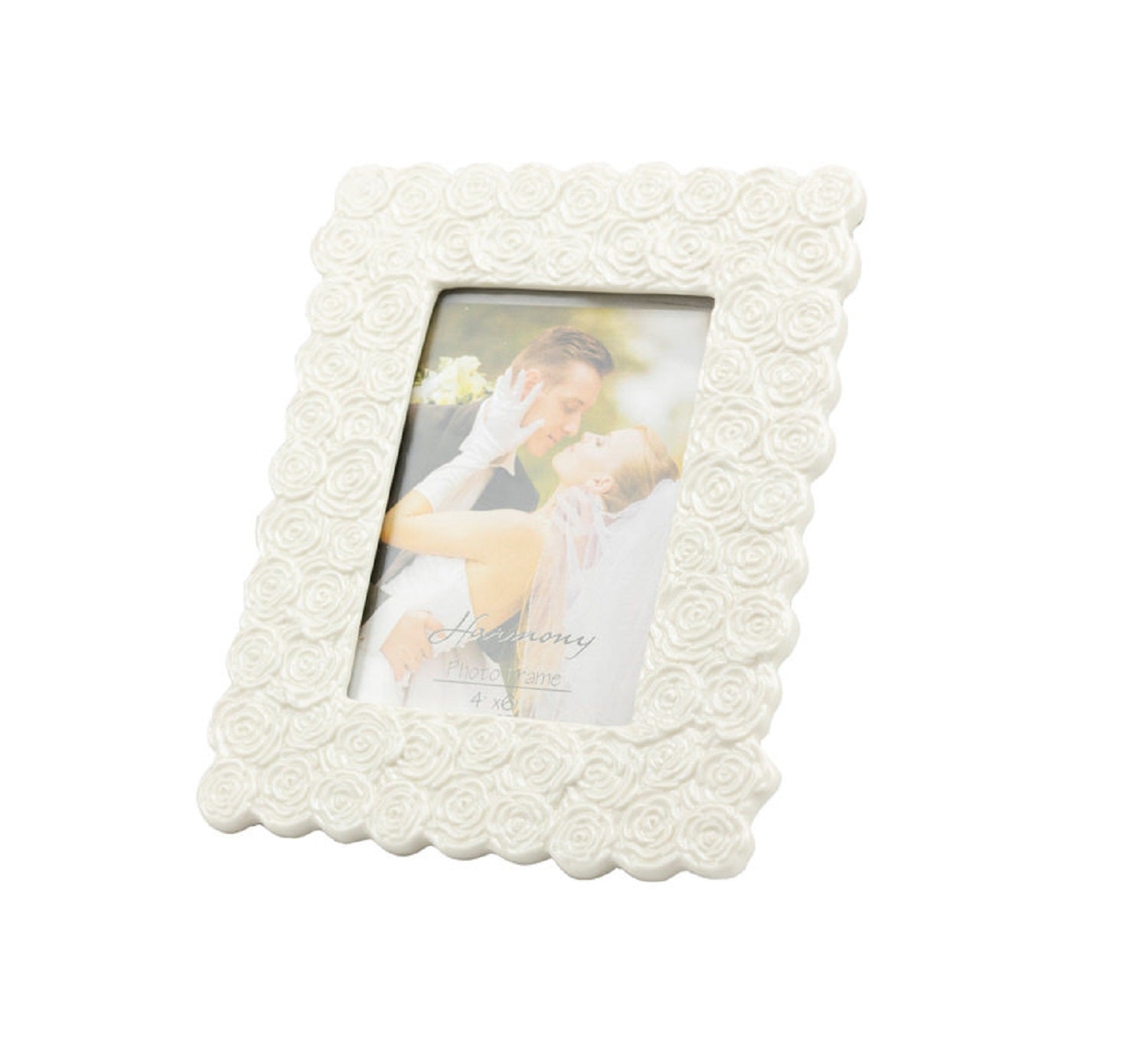 Bomboniera matrimonio portafoto in porcellana bianco decorato con rose harmony PRMT23293