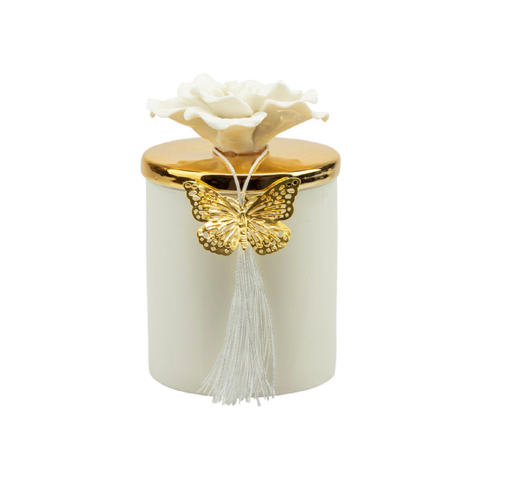 Bomboniera matrimonio scatola in porcellana decorata con candela profumata bianco e oro harmony PRMT24004