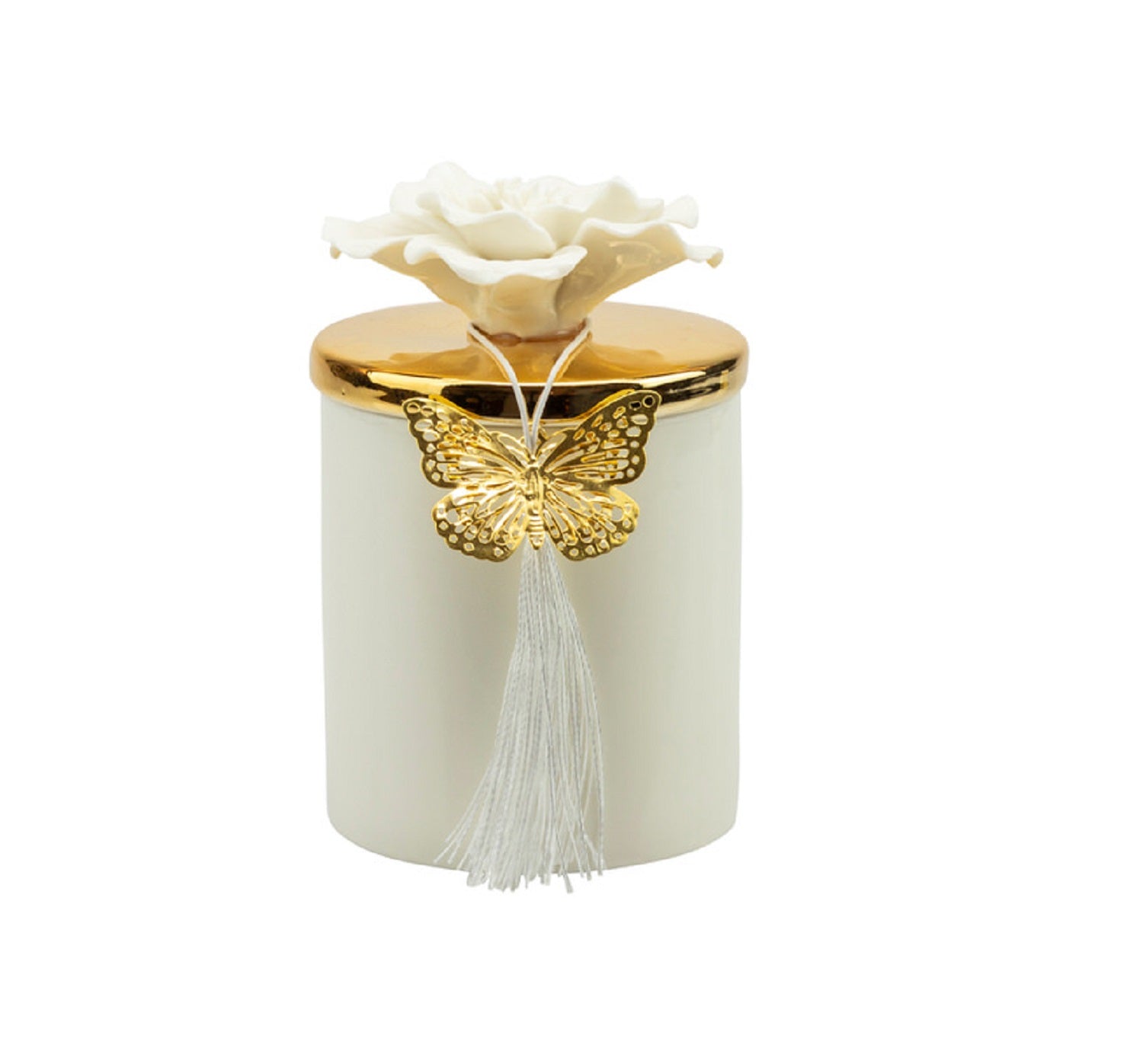 Bomboniera matrimonio scatola in porcellana decorata con candela profumata bianco e oro harmony PRMT24004