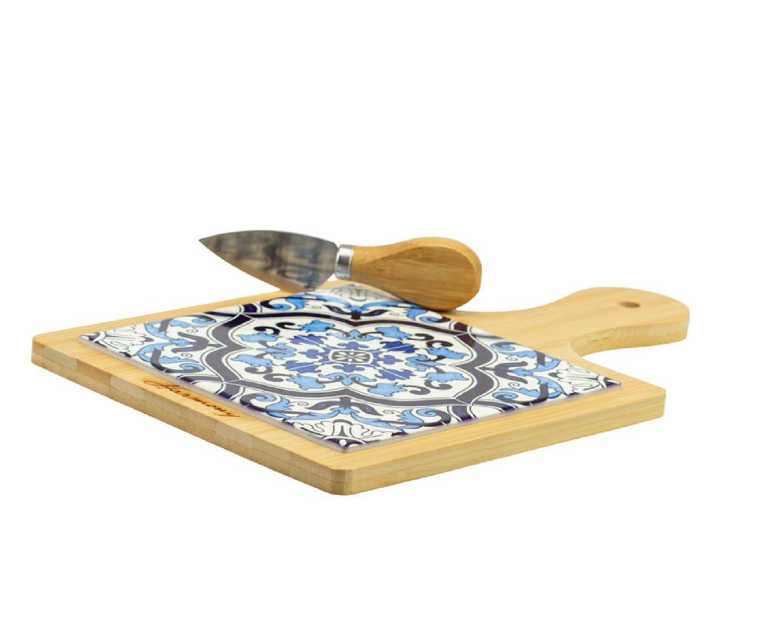 Bomboniera matrimonio tagliere in legno e porcellana con decorazione maioliche blu e bianco harmony PRMT24149