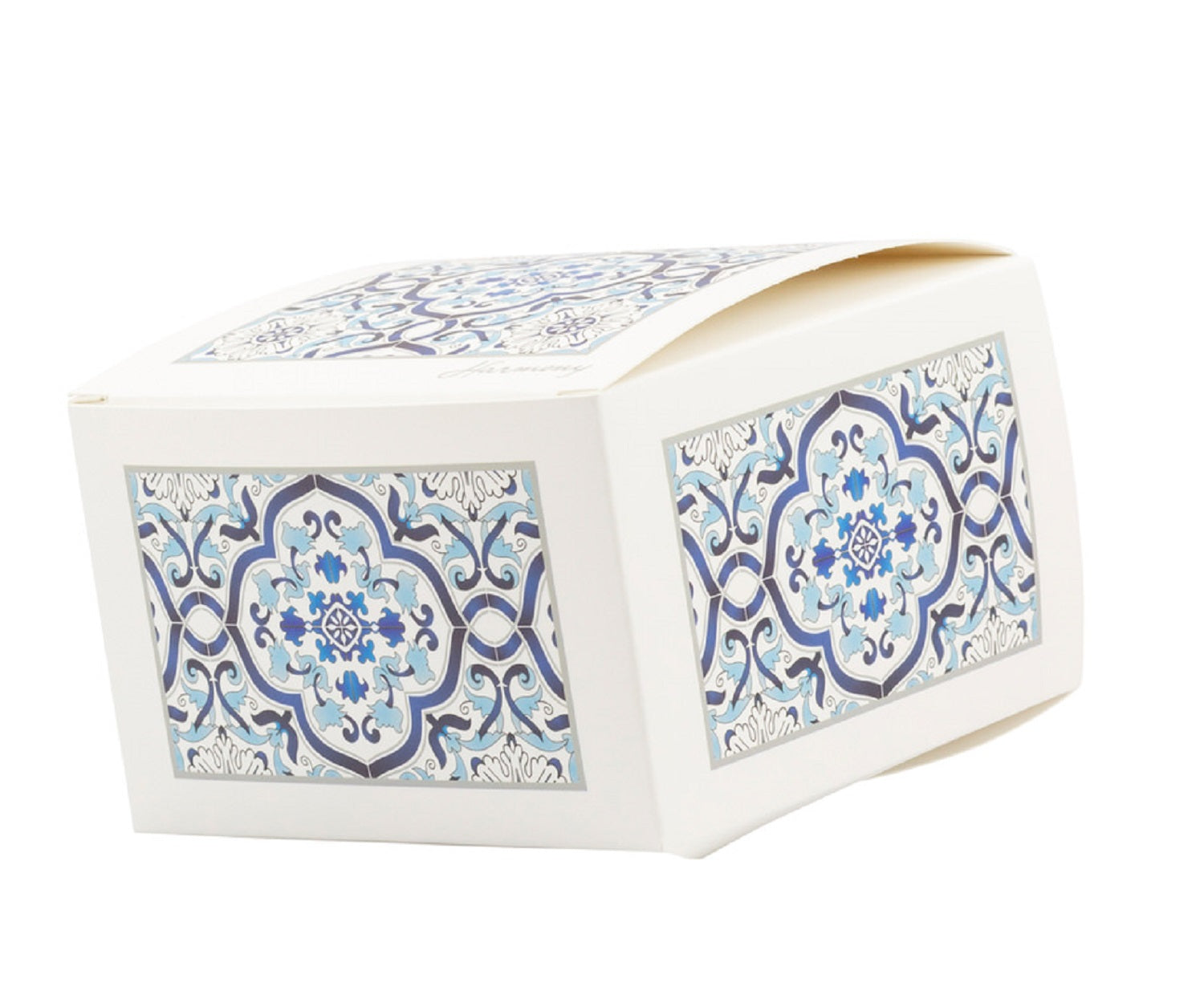Bomboniera matrimonio tagliere in legno e porcellana con decorazione maioliche blu e bianco harmony PRMT24149