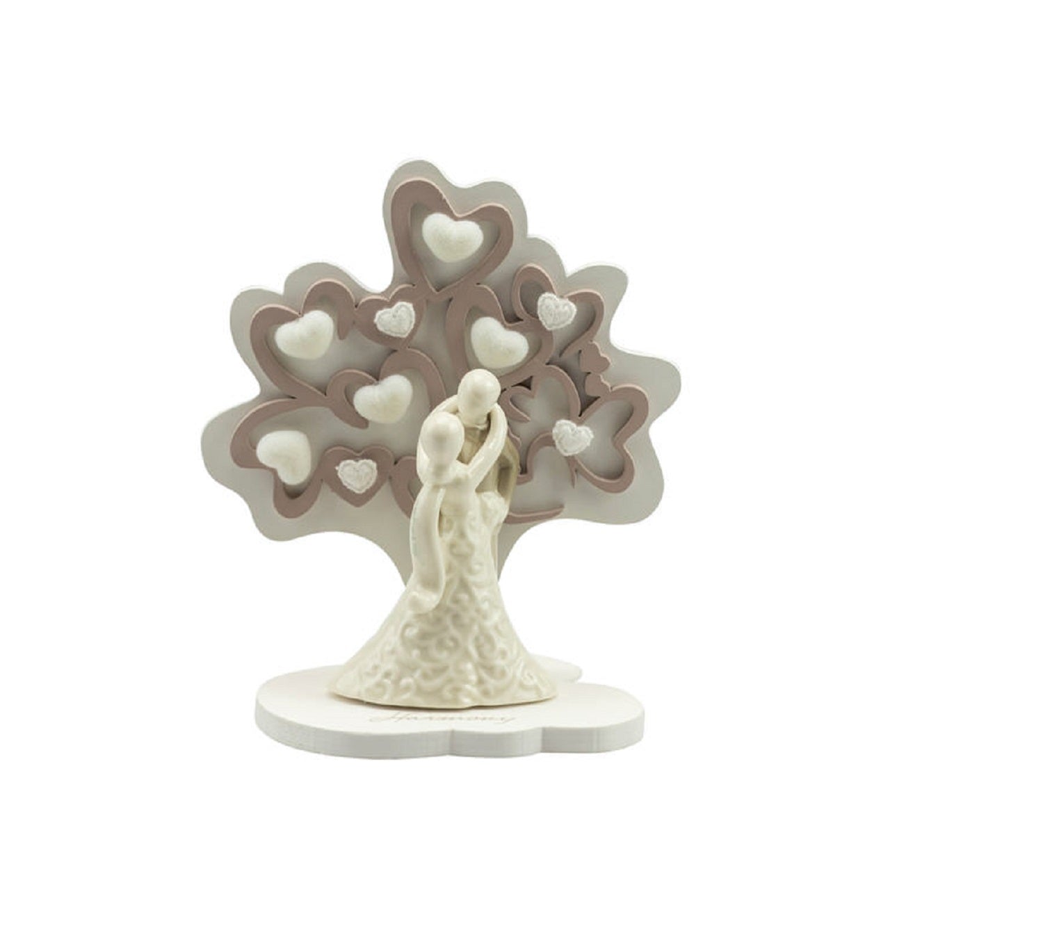 Bomboniera matrimonio albero della vita con coppia in porcellana bianco e tortora harmony PRMT24193