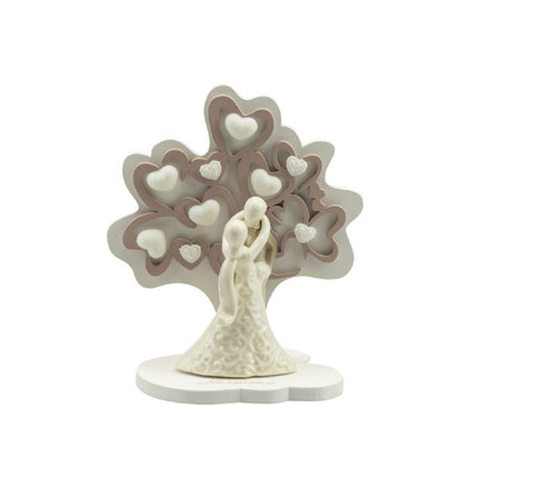 Bomboniera matrimonio albero della vita con coppia in porcellana bianco e tortora harmony PRMT24193