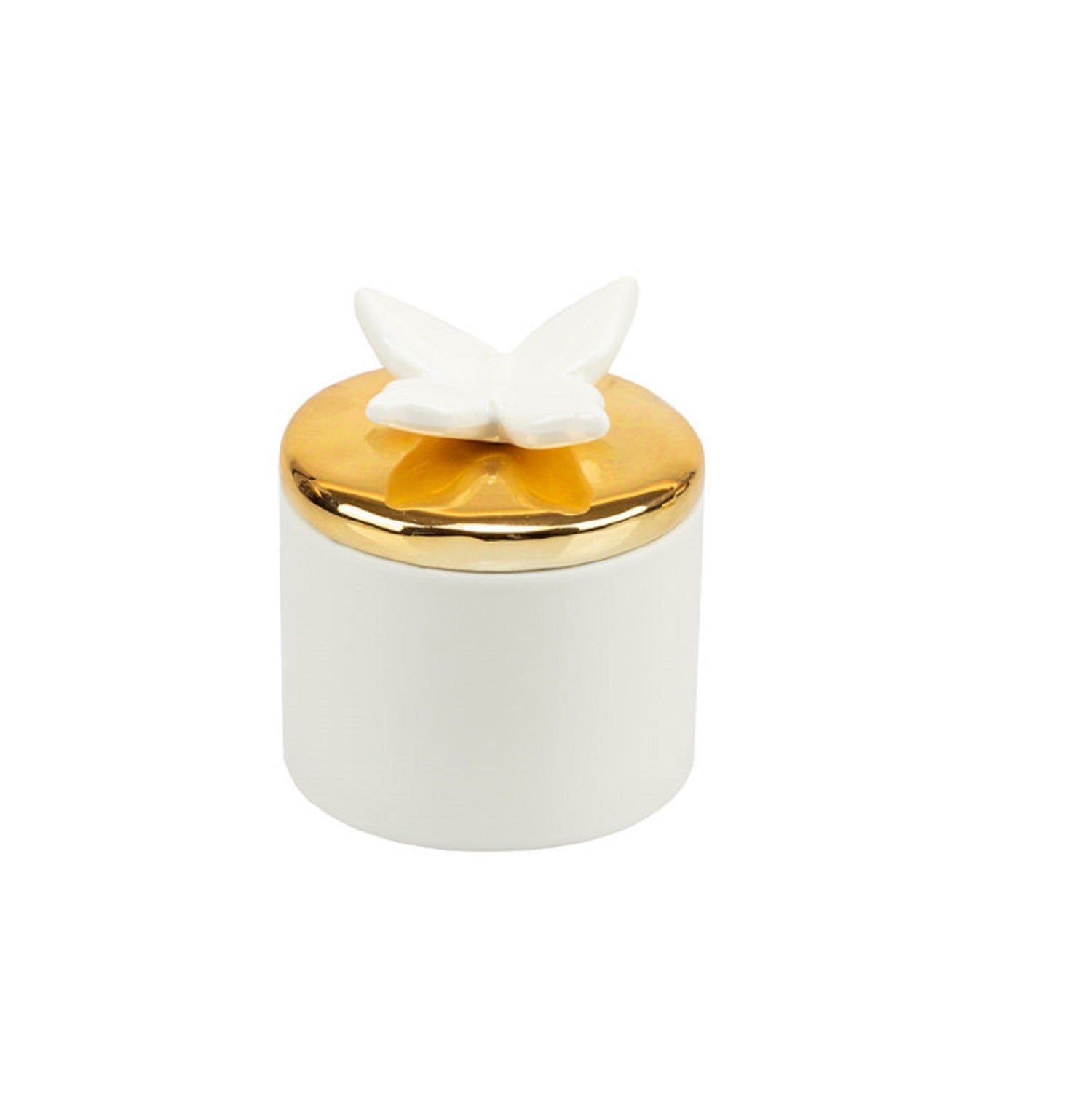 Bomboniera matrimonio scatola in porcellana decorata con candela profumata e farfalla bianco e oro harmony PRMT24214