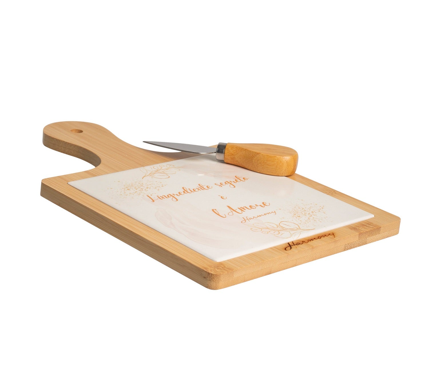 Tagliere in legno e porcellana con decoro floreale e coltellino bomboniera per matrimonio, ricorrenze, regalo, Harmony PRMT24225