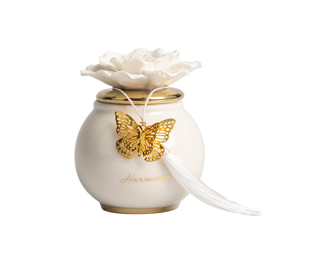 Scatola tonda piccola  con fiore e candela profumata decorata con farfalla bomboniera per comunione, cresima, matrimonio Harmony PRMT25055