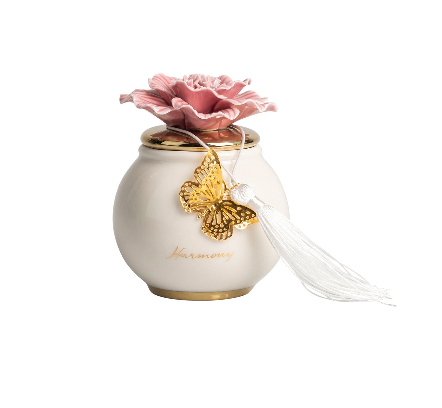 Scatola piccola tonda con fiore e candela profumata decorata con farfalla bomboniera per comunione, cresima, matrimonio Harmony PRMT25056