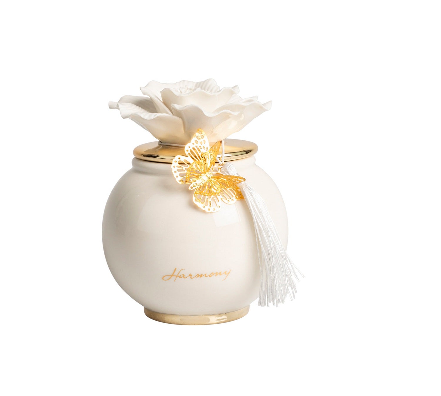 Scatola grande tonda con fiore e candela profumata decorata con farfalla bomboniera per comunione, cresima, matrimonio Harmony PRMT25064
