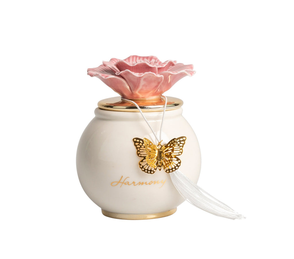 Scatola media tonda con fiore e candela profumata decorata con farfalla bomboniera per comunione, cresima, matrimonio Harmony PRMT25065