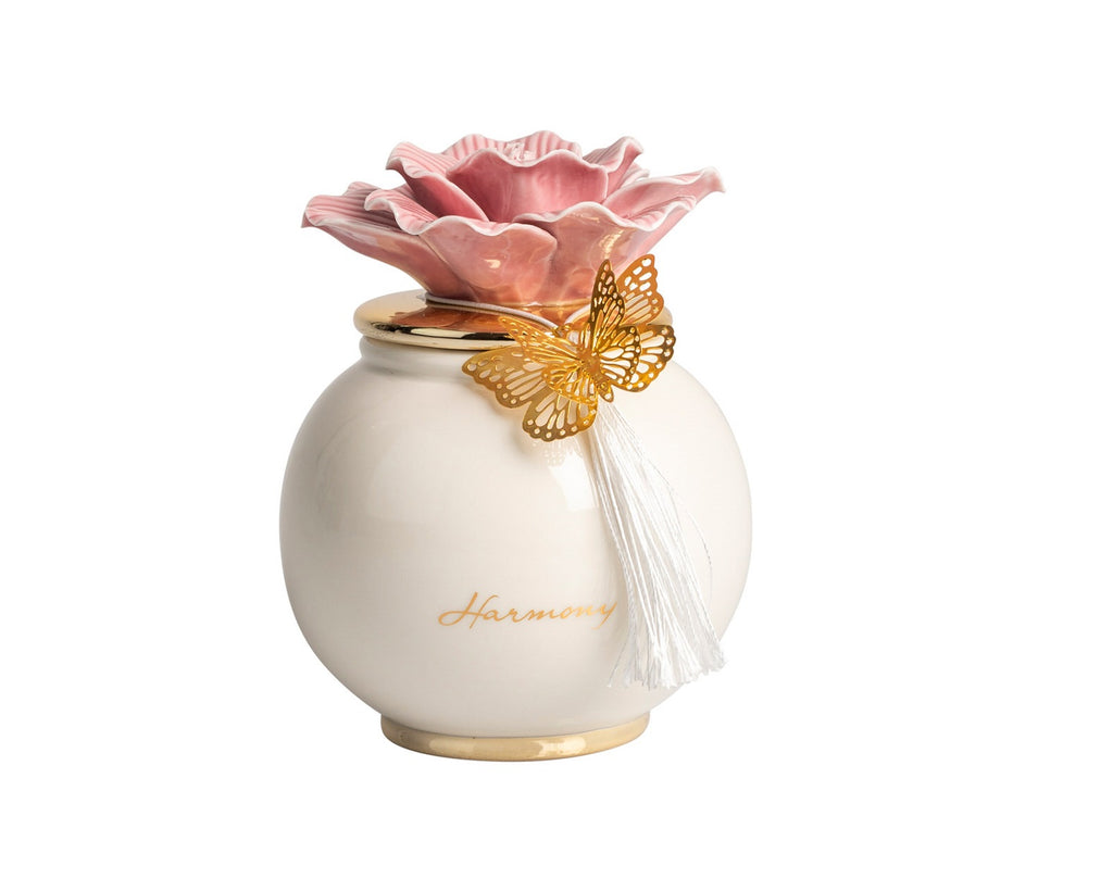Scatola grande tonda con fiore e candela profumata decorata con farfalla bomboniera per comunione, cresima, matrimonio Harmony PRMT25066