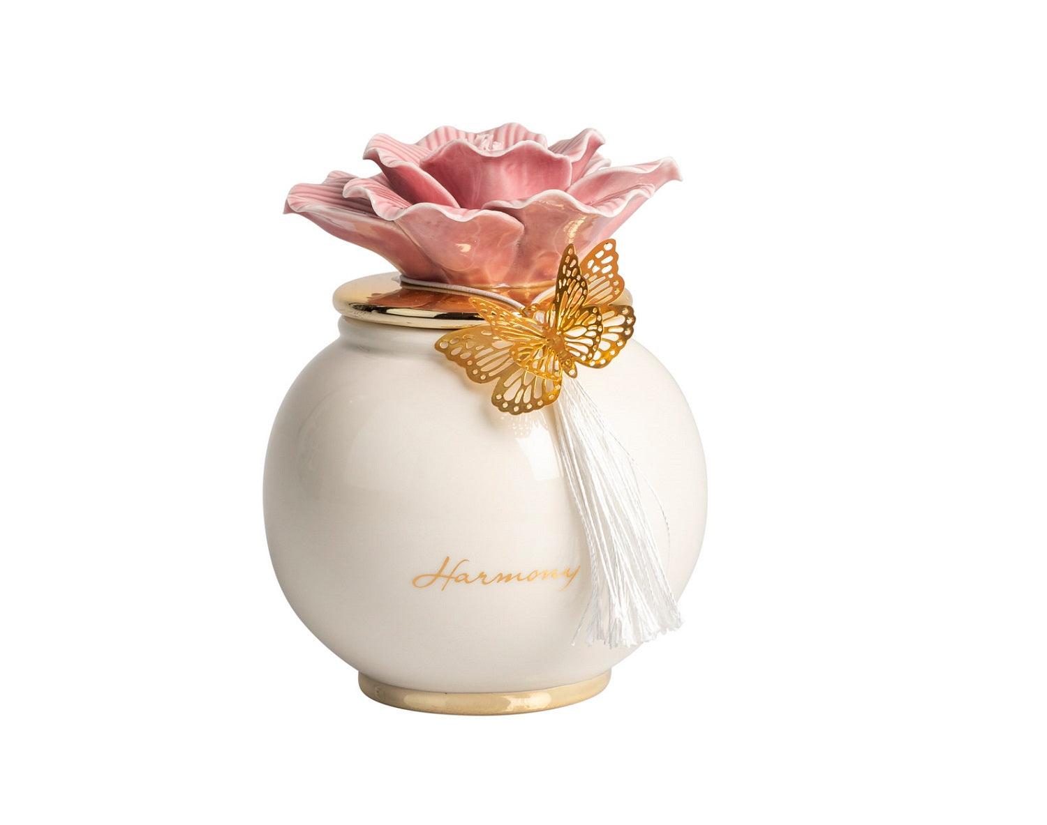 Scatola grande tonda con fiore e candela profumata decorata con farfalla bomboniera per comunione, cresima, matrimonio Harmony PRMT25066
