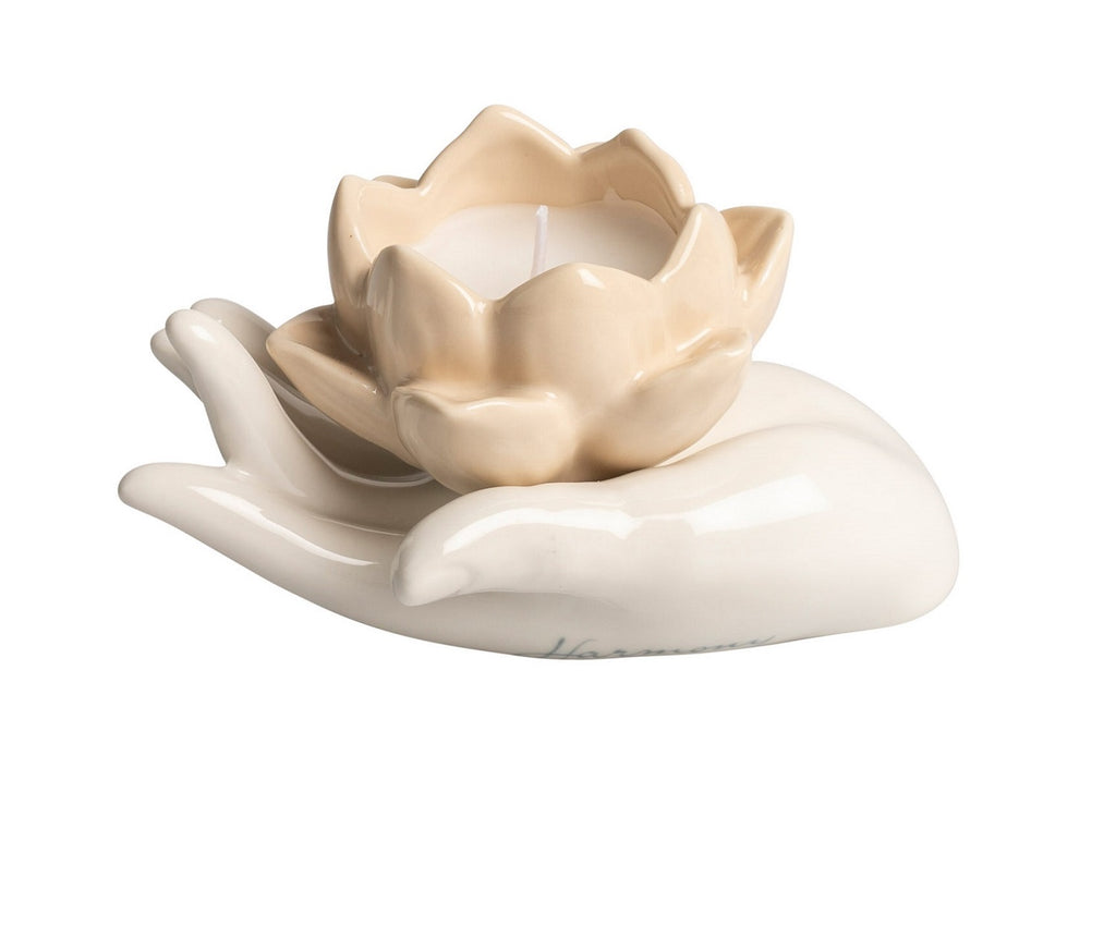 Mano con fiore porta candela in porcellana bomboniera per comunione, cresima, matrimonio Harmony PRMT25104