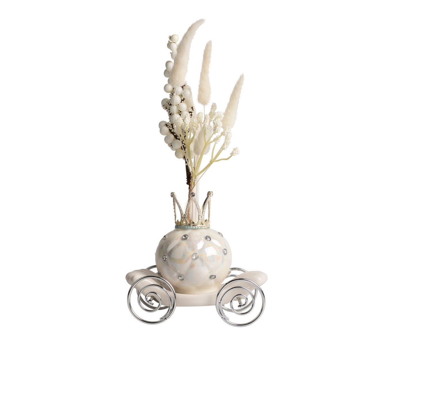 Profumatore carrozza perlata con strass corona e ruote argento bomboniera per matrimonio, cresima, comunione Harmony PRMT25214
