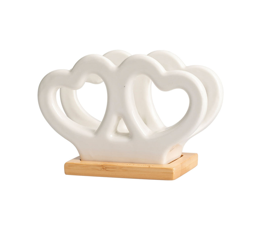 Porta tovaglioli con cuori traforati in porcellana e base in bambù bomboniera per matrimonio, regalo Harmony PRMT25221