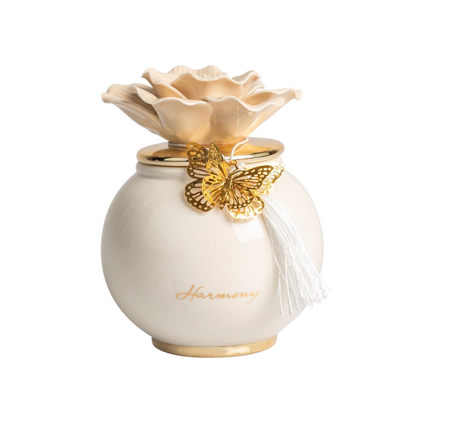 Scatola grande tonda con fiore e candela profumata decorata con farfalla bomboniera per comunione, cresima, matrimonio Harmony PRMT25235