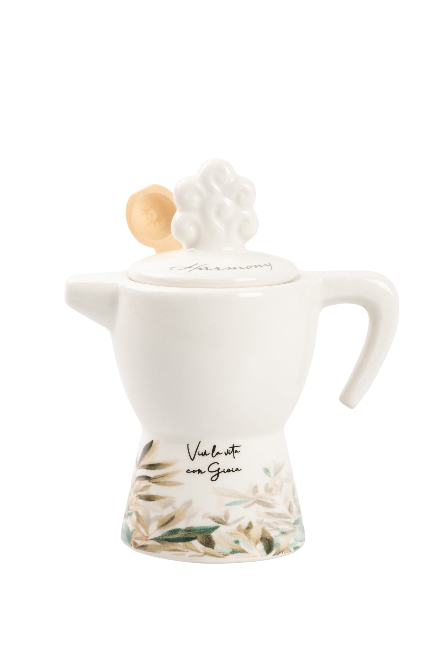Zuccheriera a caffettiera in porcellana con cucchiaino in legno bomboniera per matrimonio, ricorrenze, Harmony PRMT26190