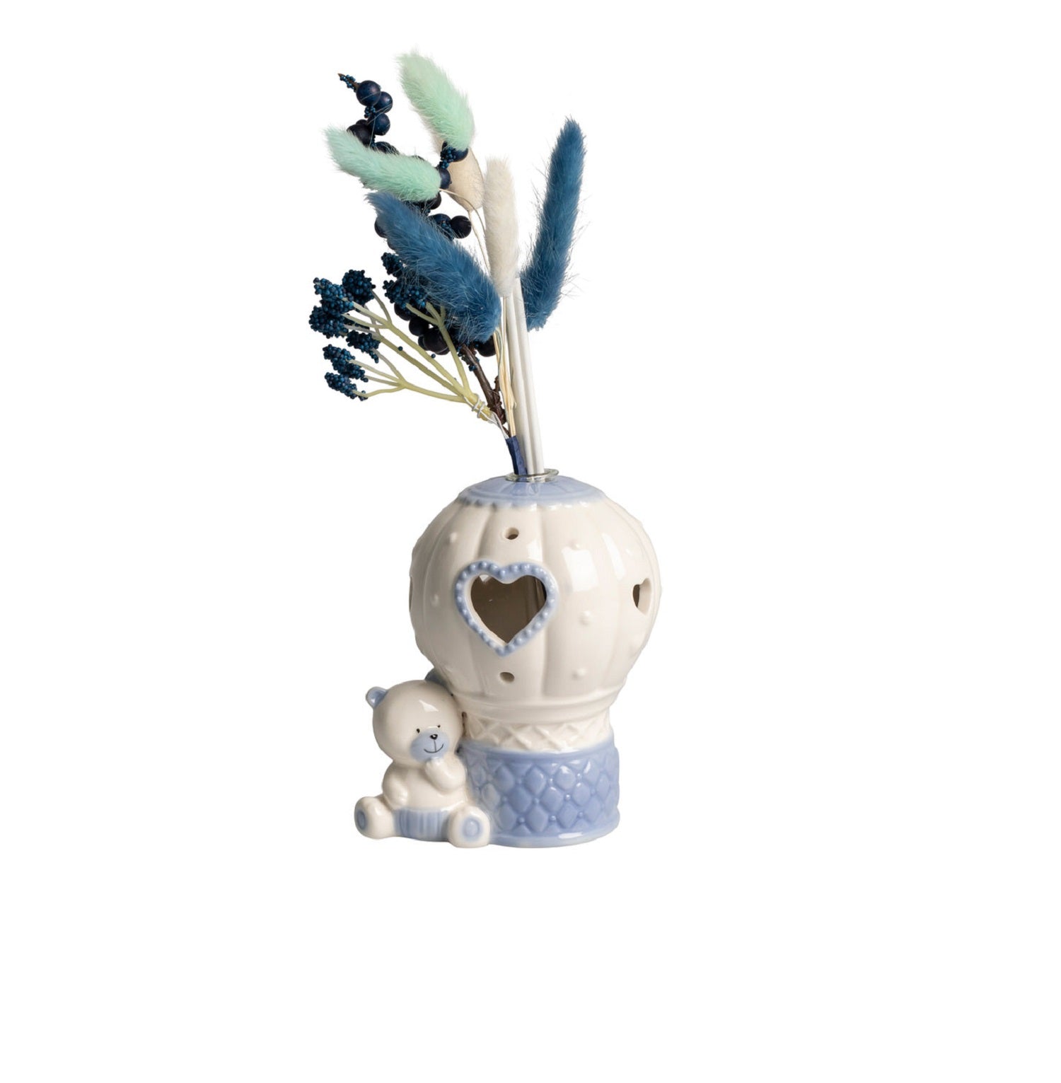 Profumatore led mongolfiera con orsetto decorativo in porcellana bomboniera battesimo e nascita bambino harmony PRNB25237