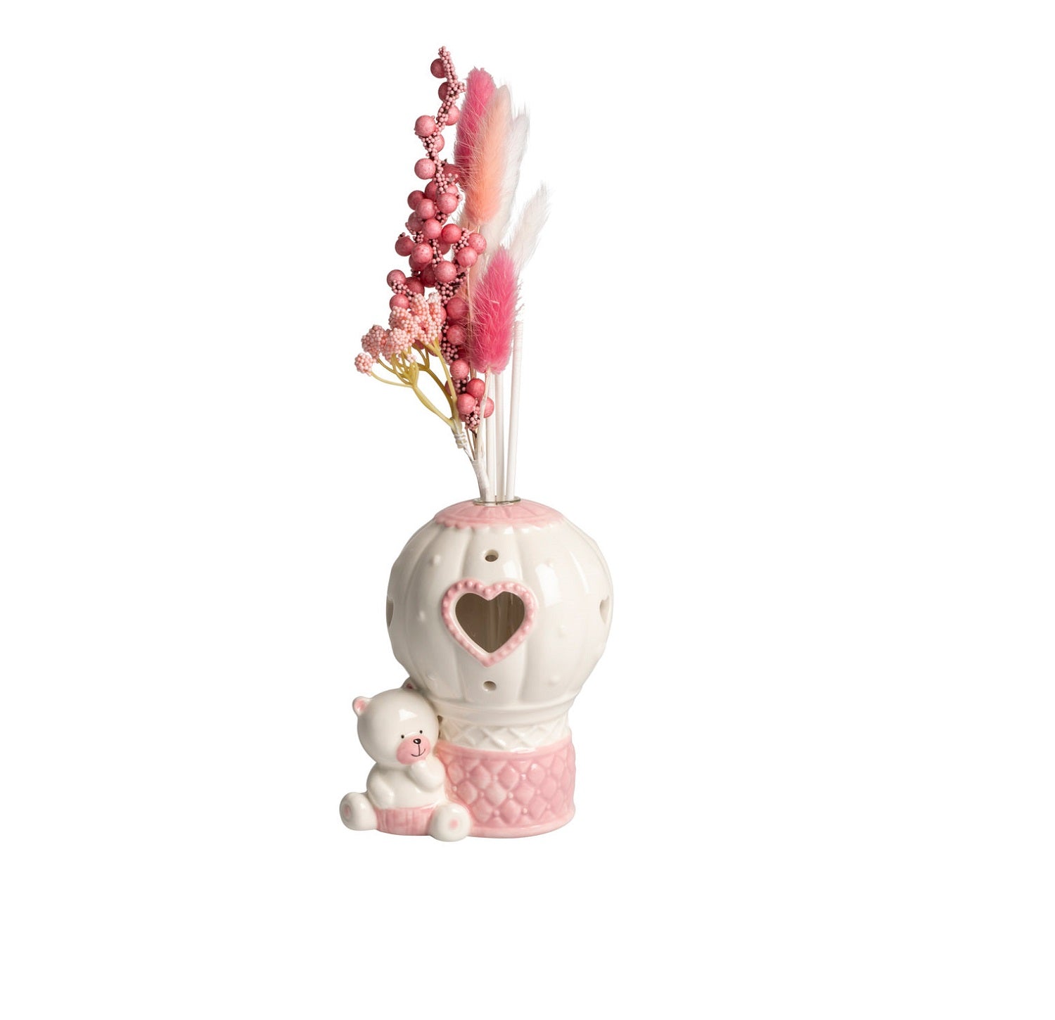 Profumatore led mongolfiera con orsetto decorativo in porcellana bomboniera battesimo e nascita bambina harmony PRNB25238
