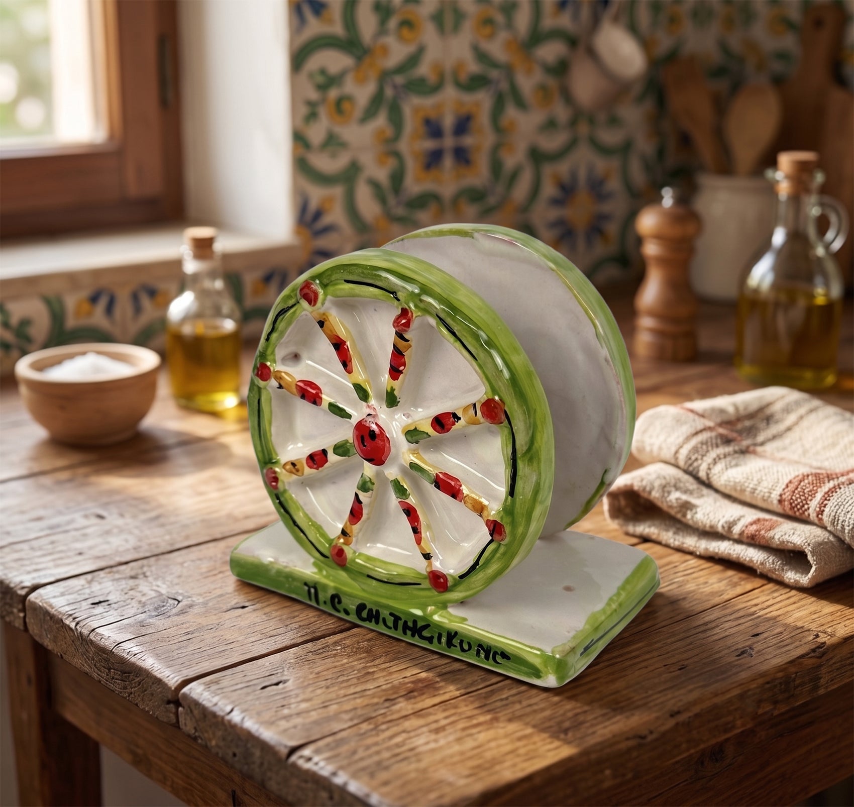 Portatovaglioli ruota carretto in ceramica siciliana di Caltagirone decorato a mano
