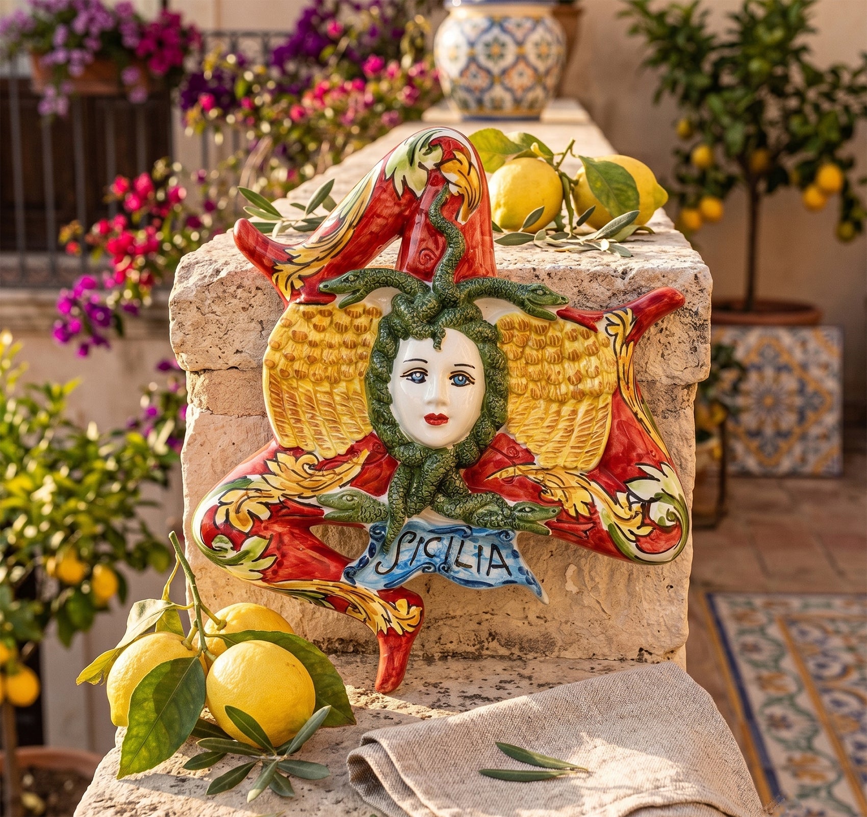Trinacria siciliana in ceramica di Caltagirone realizzata e decorata a mano rosso D 28 cm