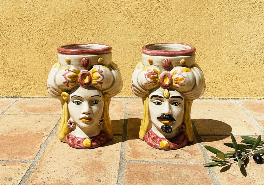 Pair of Sicilian ceramic Moor's heads from Caltagirone h15cm art. fruit 