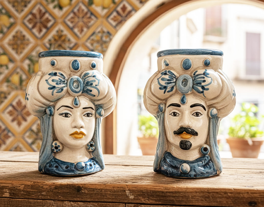 Pair of Sicilian ceramic Moor's heads from Caltagirone h15cm art. fruit 