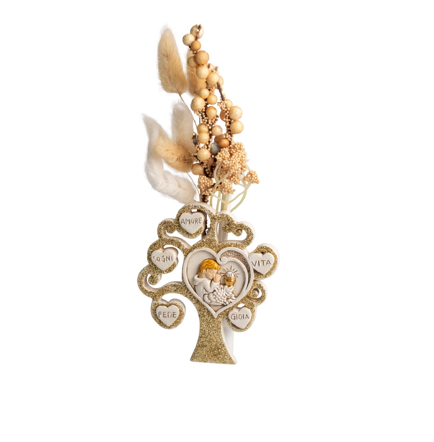 Profumatore albero della vita decorato con cuori e glitter oro per comunione bambino Harmony RSCM25039
