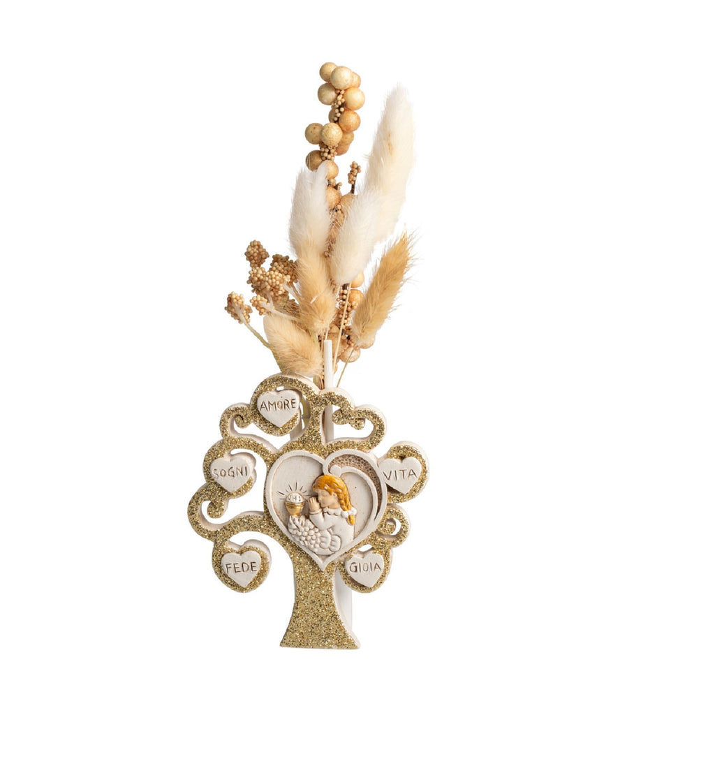 Profumatore albero della vita decorato con cuori e glitter oro per comunione bambina Harmony RSCM25040