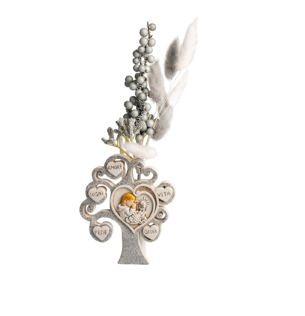 Profumatore albero della vita decorato con cuori e glitter argento per comunione bambino Harmony RSCM25043