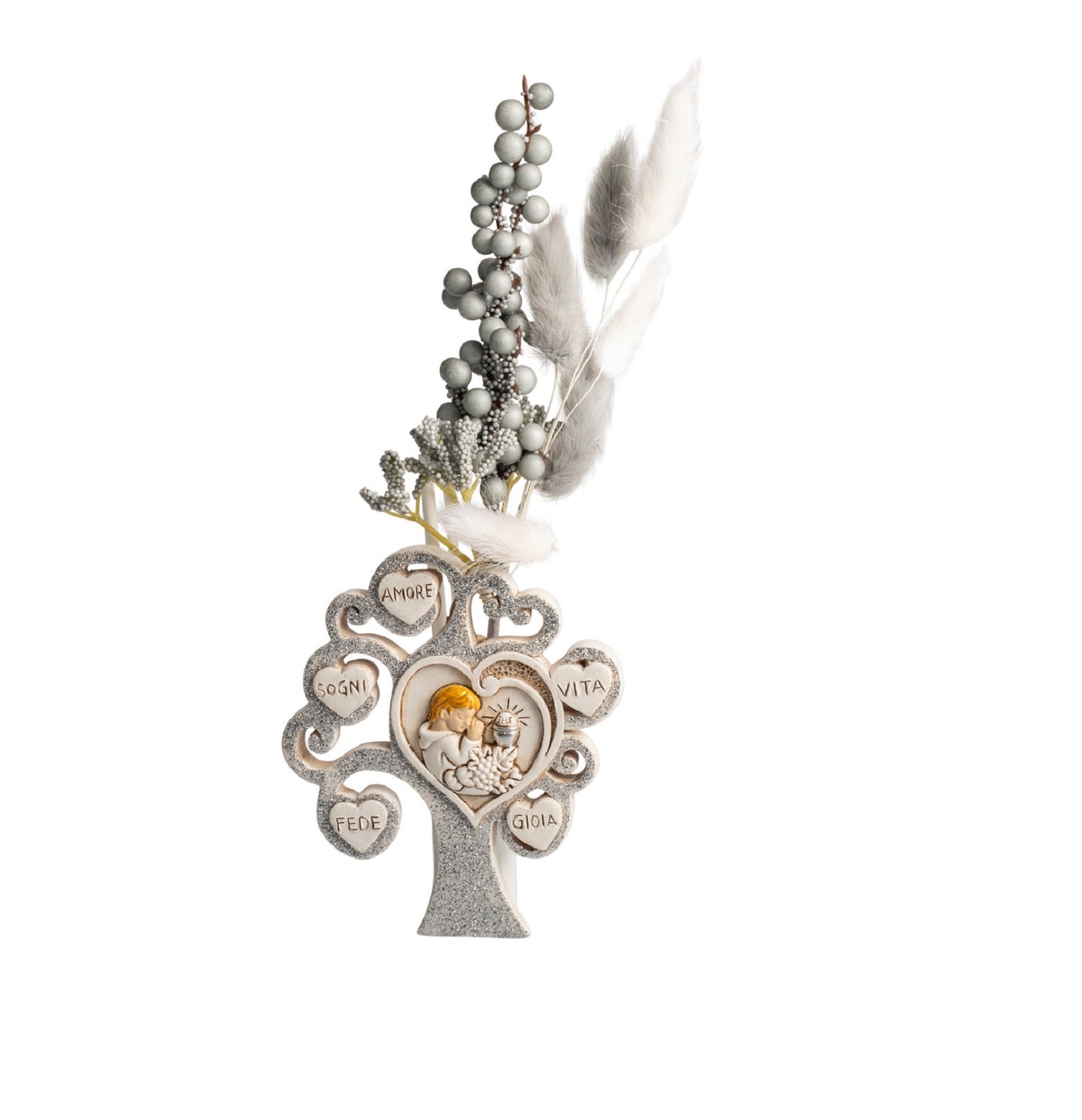 Profumatore albero della vita decorato con cuori e glitter argento per comunione bambino Harmony RSCM25043