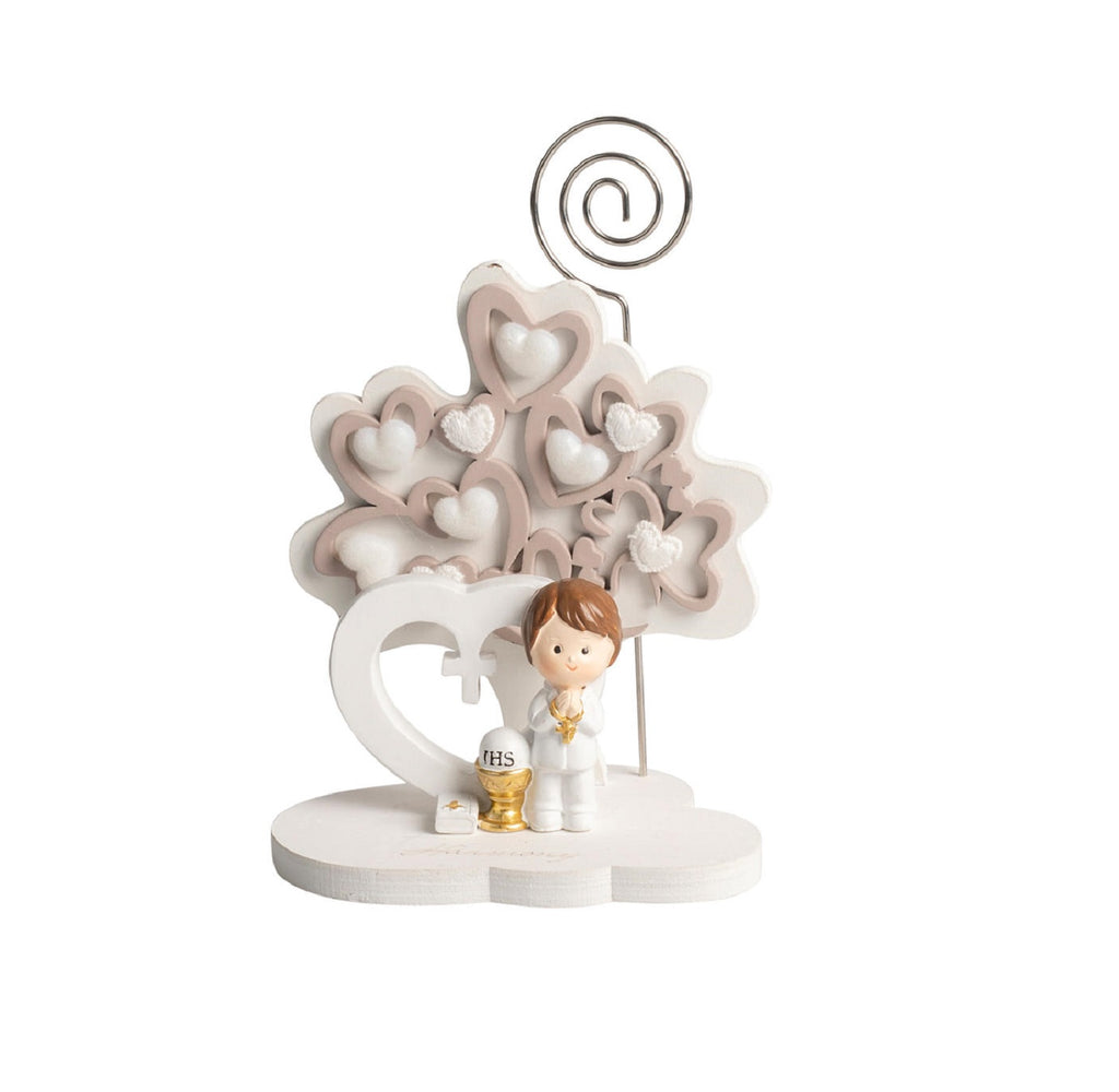 Albero della vita decorato con cuori tortora e bianco bomboniera comunione bambino Harmony RSCM25095