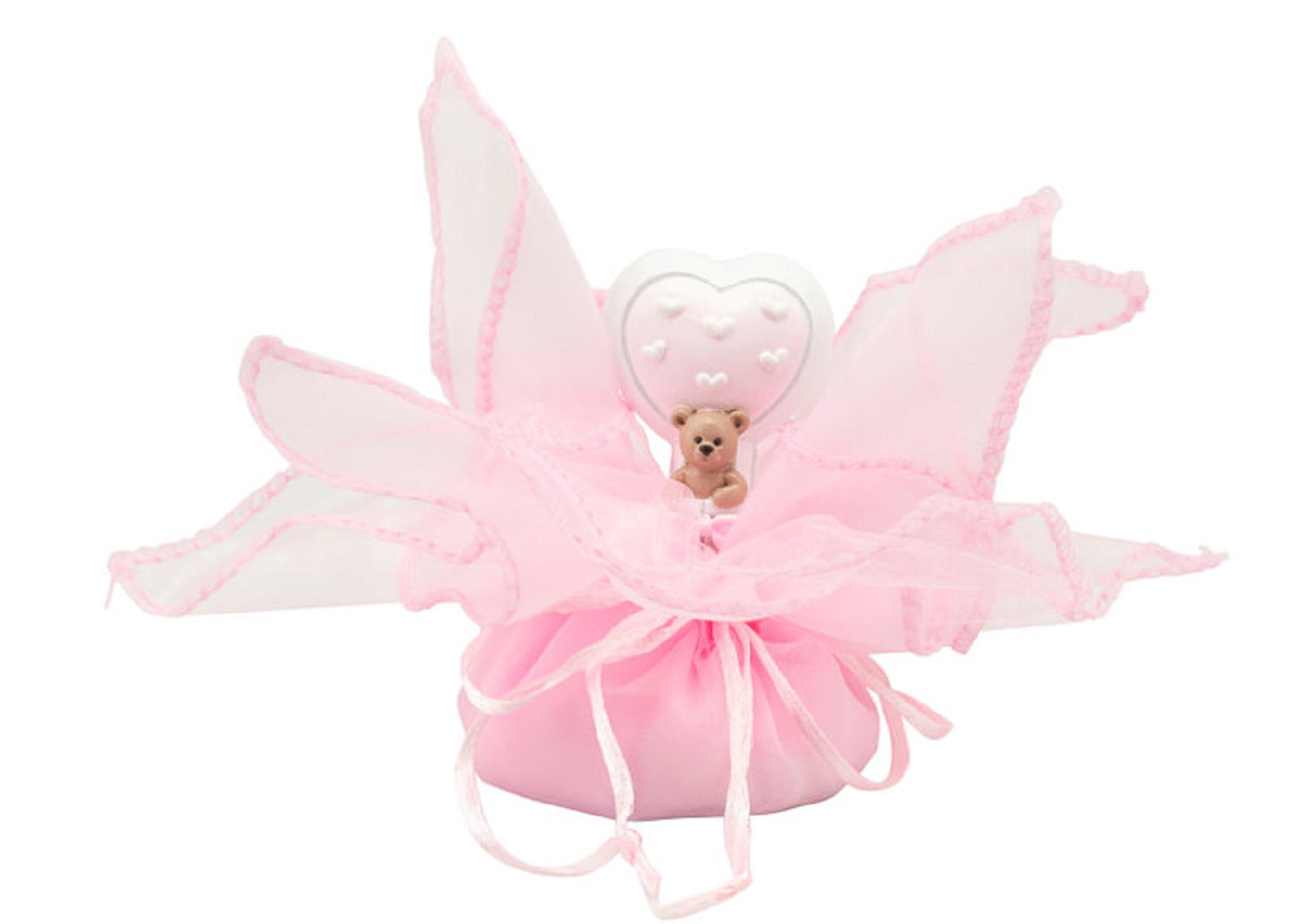 Set sacchettino rosa porta confetti da 5 pz con orsetto bomboniera per nascita, battesimo, Harmony RSNB24098