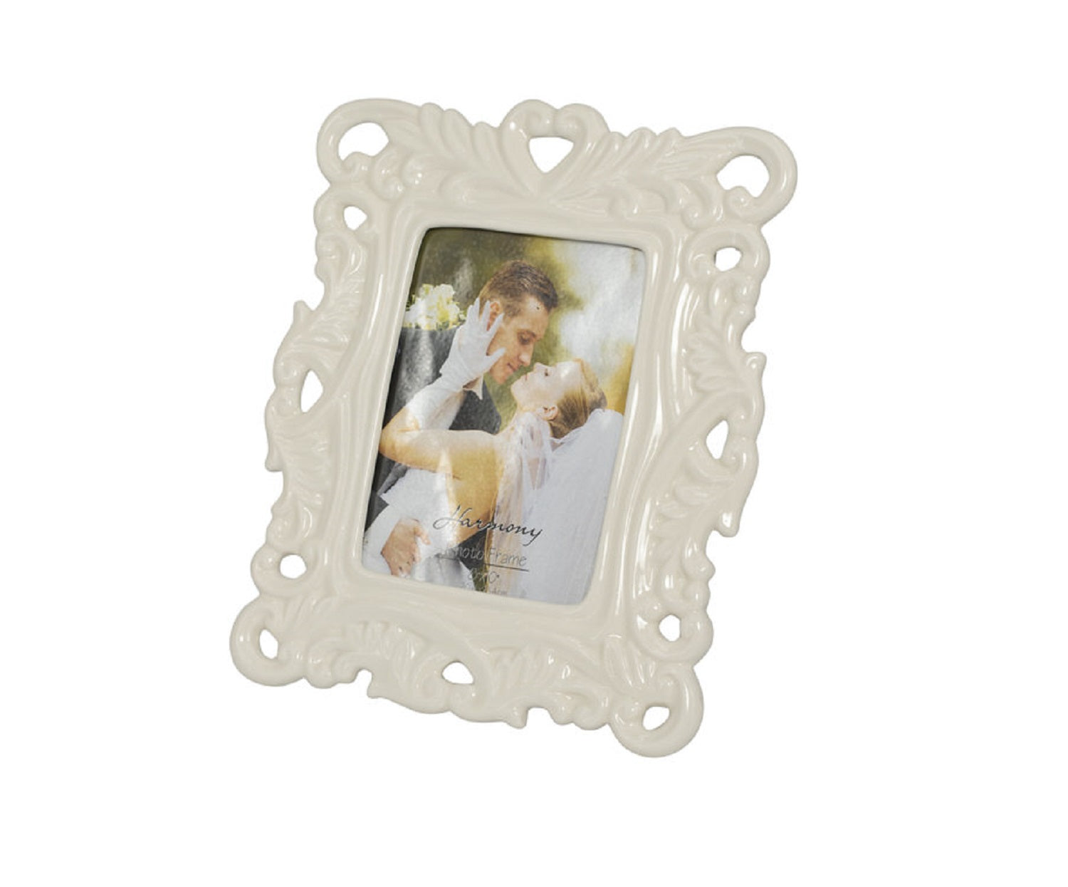 Bomboniera matrimonio portafoto elegante grande in porcellana decorato bianco harmony S2300P